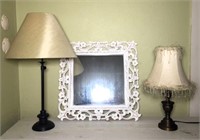 White Wash Wall Mirror & Two Table Lamps
