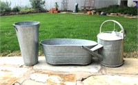 Galvanized Basin, Watering Can & Vase