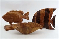 Carved Bowl & Fish Sculptures, 2 Are Signed