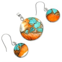 Silver Spiny Oyster Turquoise Pendant Earrings Set