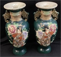 PAIR OF EARLY JAPANESE HAND PAINTED VASES, 10’’ H
