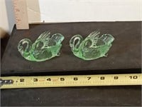 2 Cambridge Green Uranium Glass Swan Salt Dips