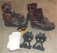 2 PAIR LEATHER WORK BOOTS, GLOVES, GLASSES