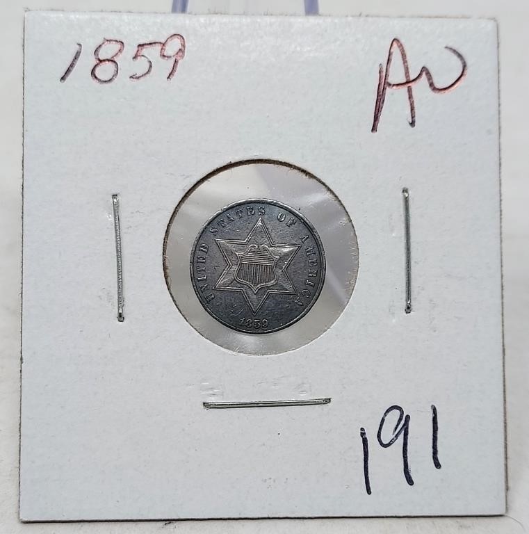 1859 Three Cent Silver AU