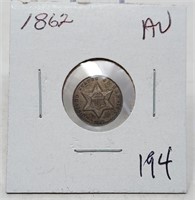 1862 Three Cent Silver AU