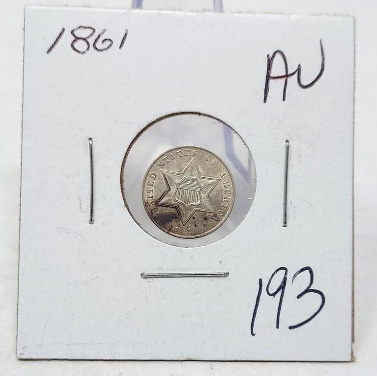1861 Three Cent Silver AU