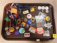 Tray Lot of Assorted Keychains, Pins, Advertising