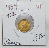 1854 T.2 $1 Gold VF-Damage