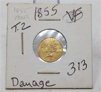 1855 T.2 $1 Gold VF-Damage