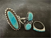 3 sterling and turquoise rings