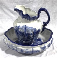2pc Blue & White Pitcher and Bowl Set