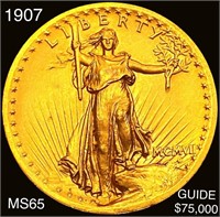 1907 HR Wire Rim $20 Gold Double Eagle GEM BU