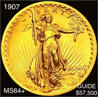 1907 HR Wire Rim $20 Gold Double Eagle CHOICE BU+