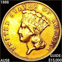 1888 $3 Gold Piece CHOICE AU