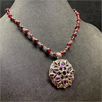 Sterling Round Amethyst Garnet Pendant Necklace