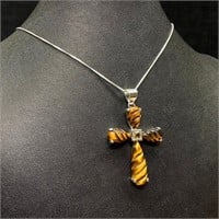 Sterling Tiger's Eye Cross Pendant Necklace