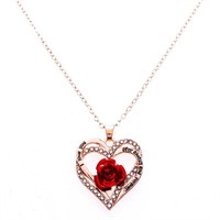Rose Gold Heart Necklace w/ Red Rose - Inscribed "