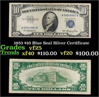 1953 $10 Blue Seal Silver Certificate Grades vf+