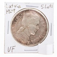 Latvia 1929 5 Lati Silver Coin
