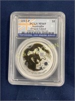 2012P $1 MS69 SILVER/24KT GOLD YR OF DRAGON