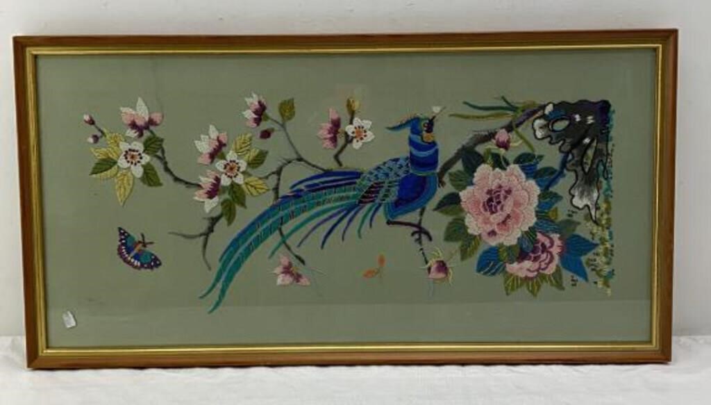 Vintage Embroidered Peacock Flowers  Picture-
