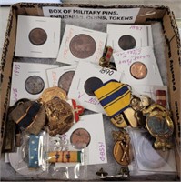 BOX OF MILITARY PINS, ENSIGNIAS, COINS, TOKENS