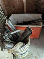 GROUP OF GREASE GUNS,COOLER, WINDOW FRAME AND