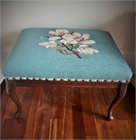 Antique Floral Needlepoint Wood Footstool Large