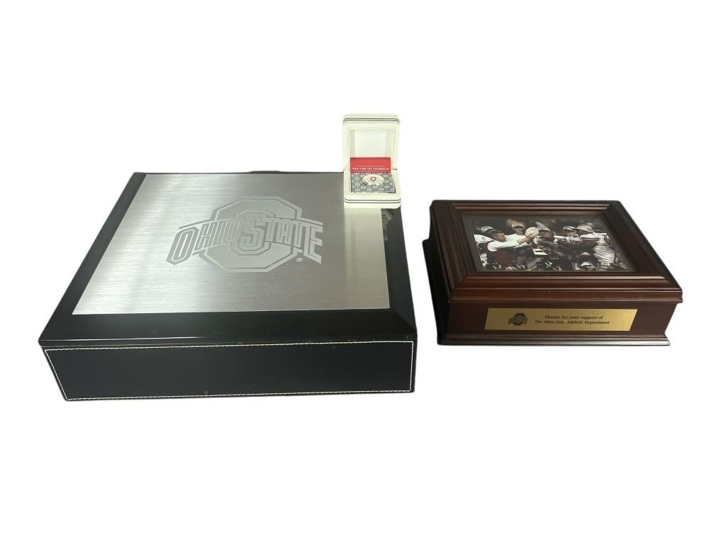 An OSU Oval Society Pin & (2) Memento Boxes.