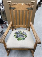Antique Rocking Chair With Needlepoint Seat