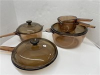 5 Brown Glass Pots - 3 have Lids - lids are