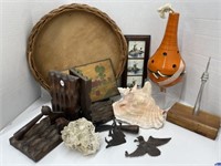 Wood Bookends, Shells, Windmill Art etc.