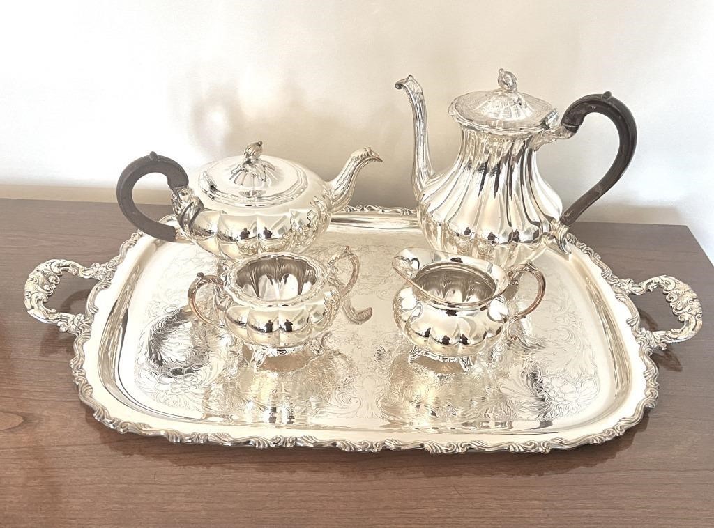 Rogers Silver Plated Copper Tea Set & Tray