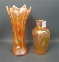 Two Dugan Peach Opal Carnival Glass Vases