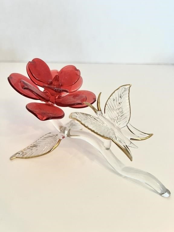 Glass Blown Butterfly on Red Flower