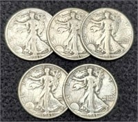 (5) 1943-S Walking Liberty Half Dollars