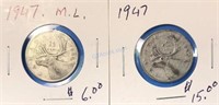 1947ML & 1947 No ML 25 Cents