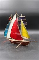 13" STAINED GLASS SAILBOAT BRASS FIGURE