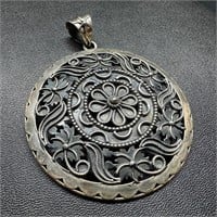 Sterling Silver 2.5" Round Pendant Floral Motif