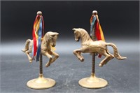 PAIR OF BRASS HORSE MERRY GO ROUND W RIBBON