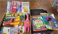 TRAY OF TOYS AND ACTIVITY BOOKS