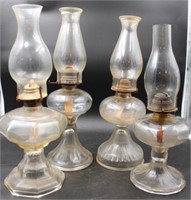 4 VINTAGE PRESSED GLASS OIL LAMPS W CHIMNEYS