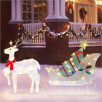 ATDAWN Lighted Christmas Reindeer Sleigh Outdoor Y