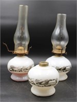 VINTAGE CURRIER & IVES MILK GLASS OIL LAMPS