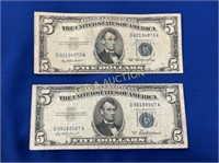 (2) $5 BLUE SEALS 1953A, 1953