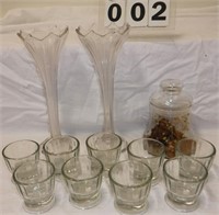 2 Clear Vases-9 Glass Dishes-Covered Jar