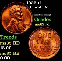 1955-d Lincoln Cent 1c Grades GEM Unc RD