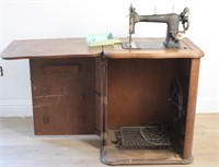 ANTIQUE RAYMOND SEWING CABINET W CAST IRON PEDAL