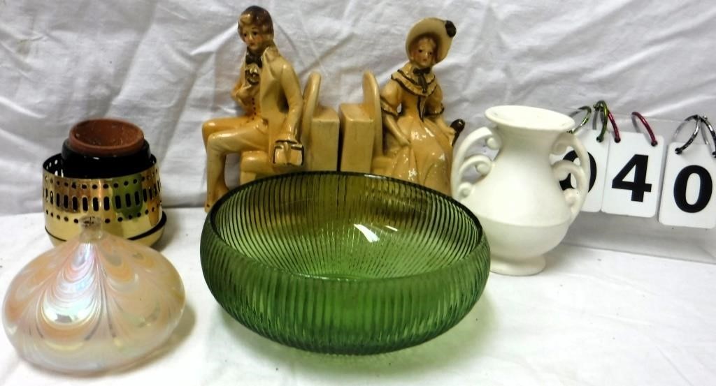 Plaster Bookends-Green Bowl-Brass Candleholders