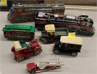 7pc Toy Lot; battery operated trains, metal